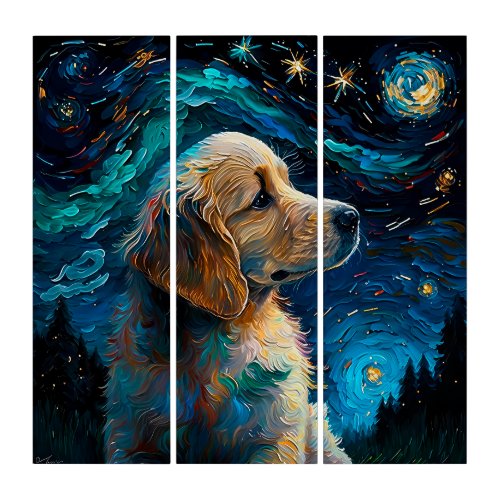 Golden Retriever Puppy Starry Night Van Gogh Style Triptych