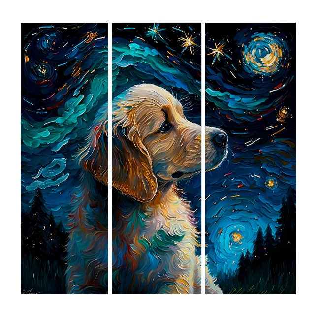 Golden Retriever Puppy Starry Night Van Gogh Style Triptych (Front)