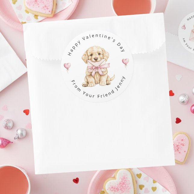 Golden Retriever Puppy Valentine's Day Kids Classic Round Sticker (Creator Uploaded)