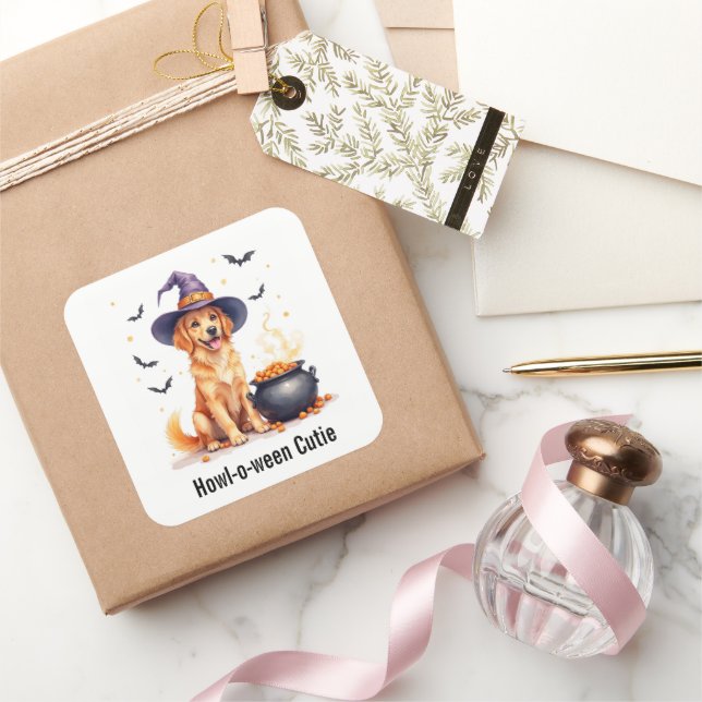 Golden Retriever Puppy Witch Halloween Watercolor  Square Sticker (Gifting)
