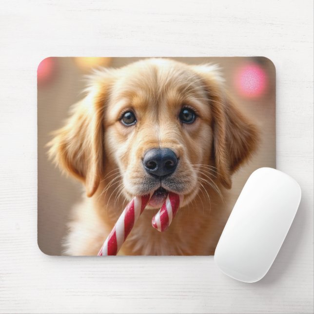 Golden Retriever Puppy With a Candy Cane Mouse Pad (With Mouse)