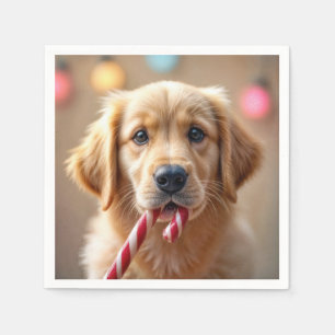 Golden Retriever Puppy With a Candy Cane Napkins