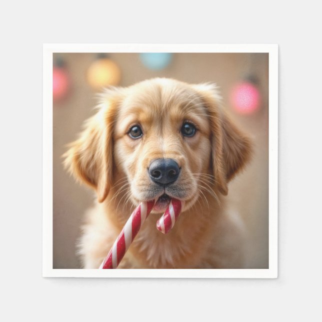 Golden Retriever Puppy With a Candy Cane Napkins (Front)