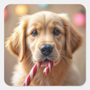 Golden Retriever Puppy With a Candy Cane Square Sticker