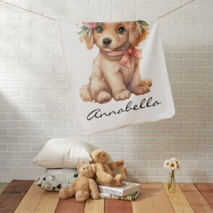 Golden Retriever Puppy With Flowers Custom Name Baby Blanket