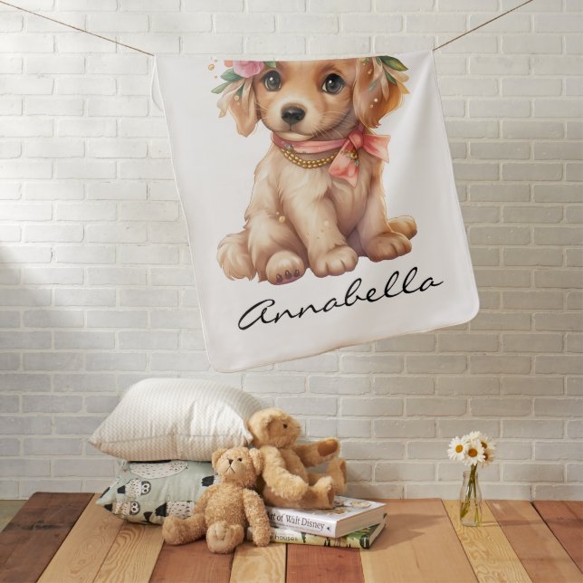 Golden Retriever Puppy With Flowers Custom Name Baby Blanket (In Situ)