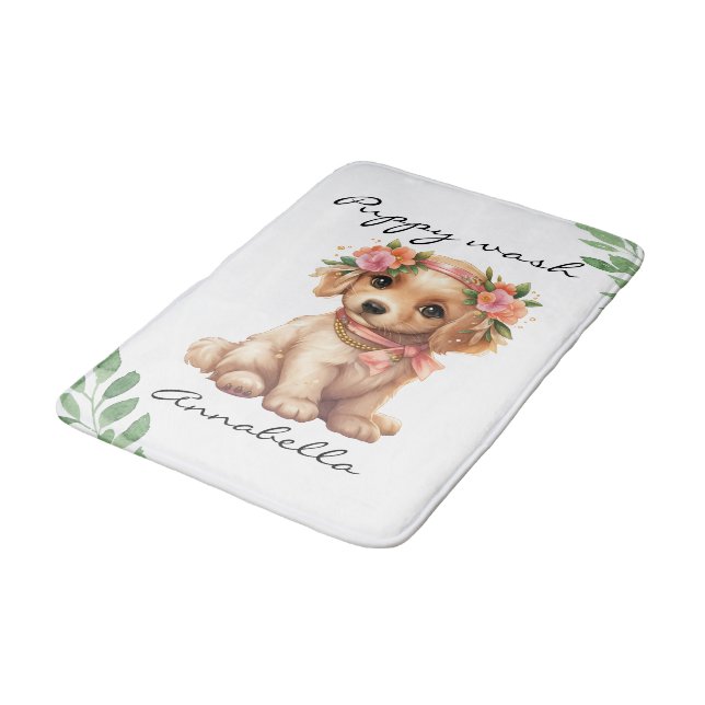  Golden Retriever Puppy With Flowers Custom Name Bath Mat (Angled)