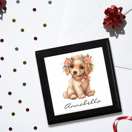 Golden Retriever Puppy With Flowers Custom Name Gift Box