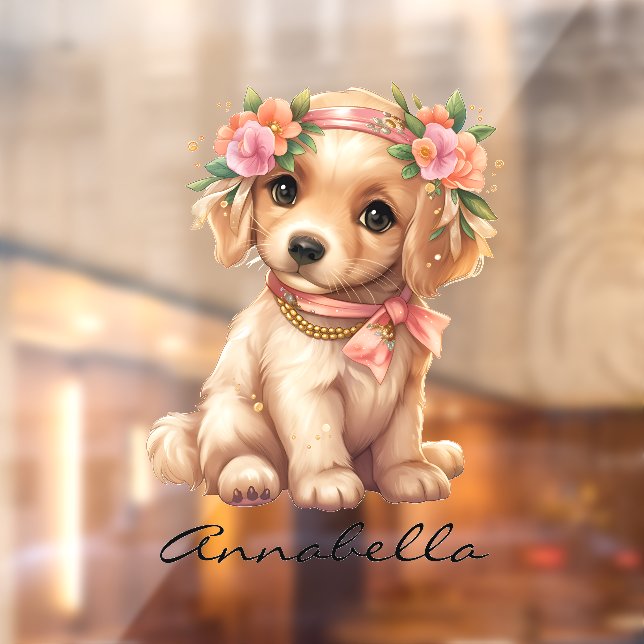 Golden Retriever Puppy With Flowers Custom Name Window Cling (Sheet 2)
