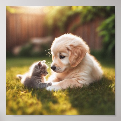 Golden Retriever puppy with kitten Poster