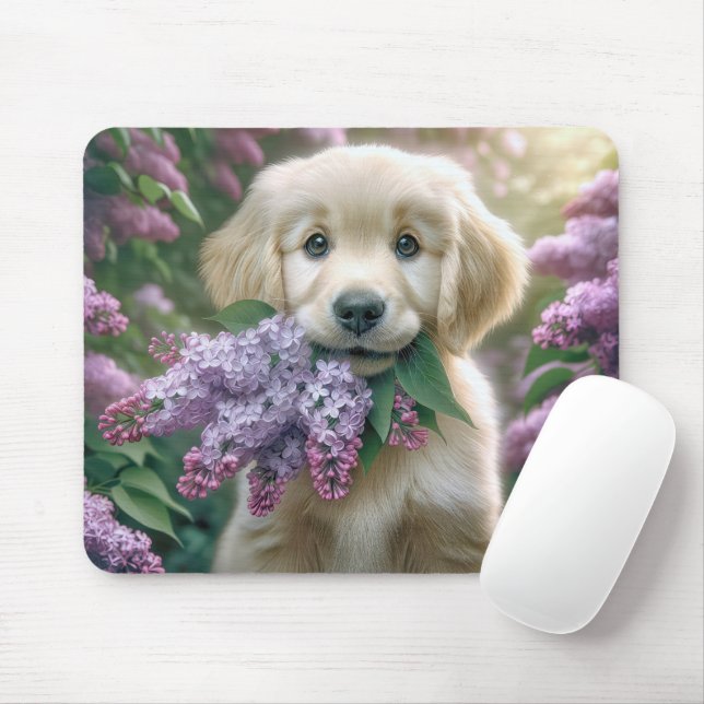 Golden Retriever Puppy With Lilac Bunch Mouse Pad (With Mouse)