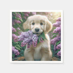 Golden Retriever Puppy With Lilacs Napkins