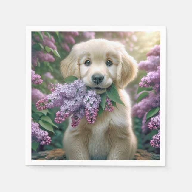 Golden Retriever Puppy With Lilacs Napkins (Front)