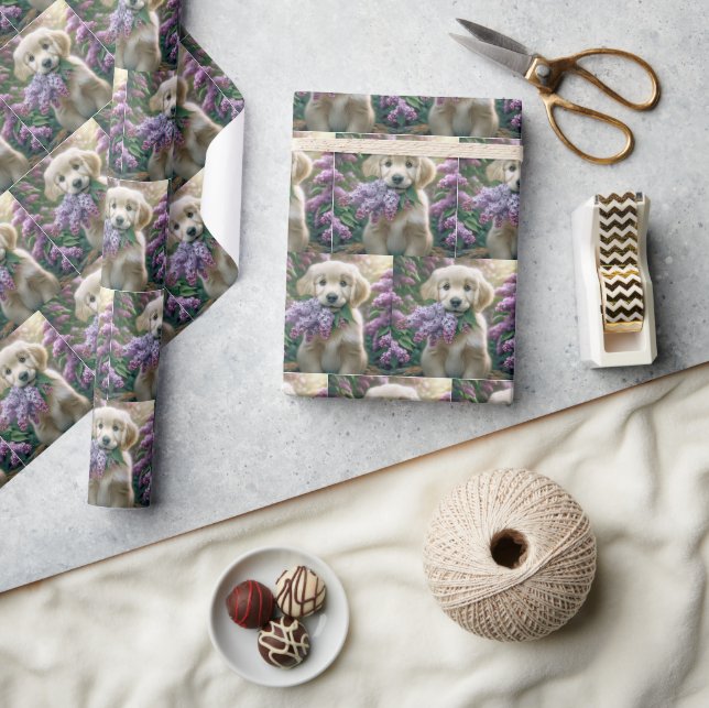Golden Retriever Puppy With Lilacs Wrapping Paper (Crafts)