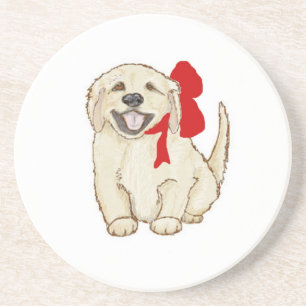 Golden Retriever Puppy with Red Ribbon Drink Coaster