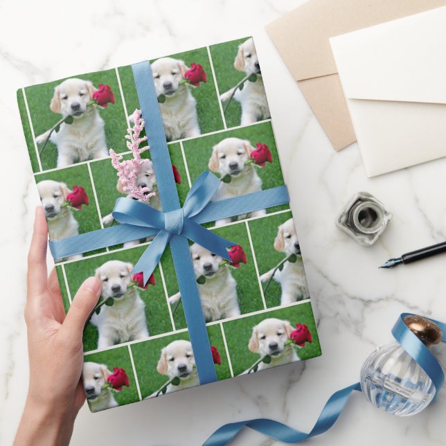 Golden Retriever Puppy With Red Rose Wrapping Paper (Gifting)