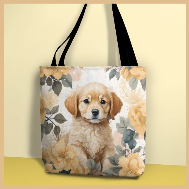 Golden Retriever Puppy Yellow Flowers Tote Bag (Creator Uploaded)