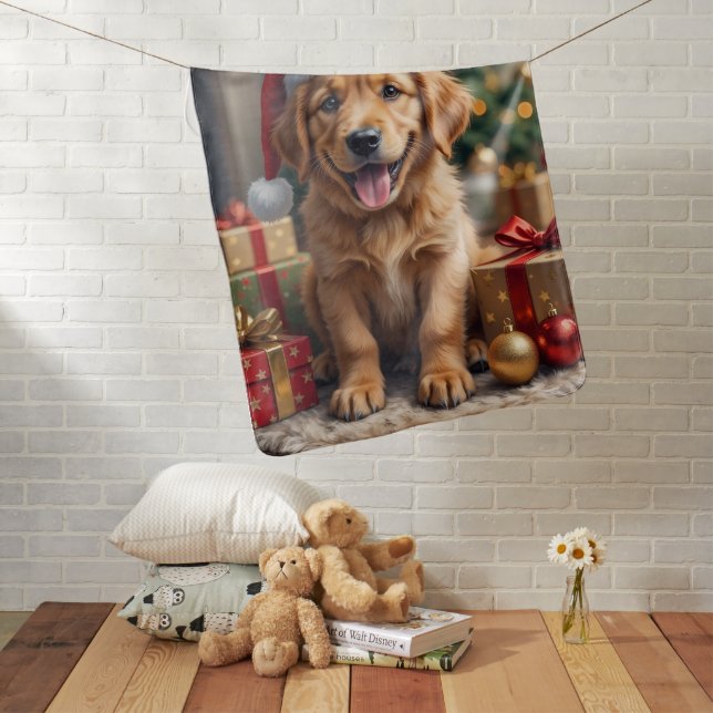 Golden Retriever Puppy's First Christmas Festive Baby Blanket (In Situ)