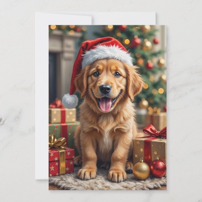 Golden Retriever Puppy's First Christmas Festive Holiday Card (Front)