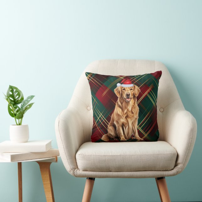 Golden Retriever Red Green Holiday Plaid Christmas Throw Pillow (Chair)