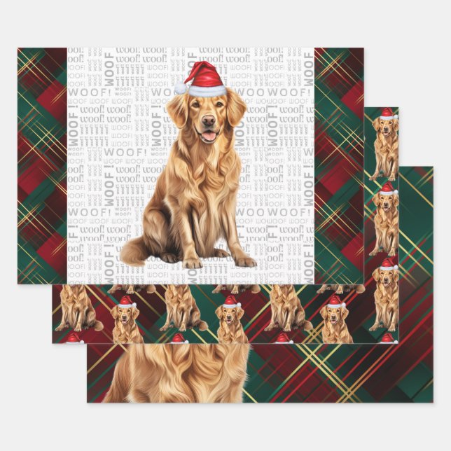 Golden Retriever Red Green Holiday Plaid Christmas Wrapping Paper Sheets (Set)