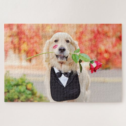 Golden Retriever Red Rose Love Dog Nature Animal Jigsaw Puzzle