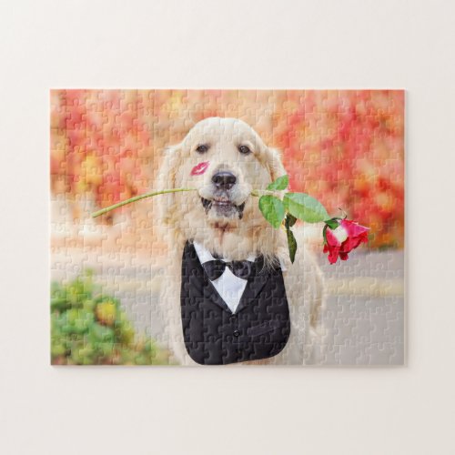 Golden Retriever Red Rose Love Dog Nature Animal Jigsaw Puzzle