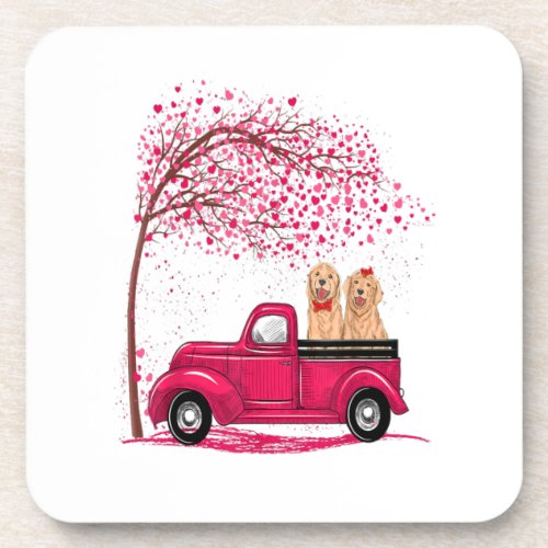Golden Retriever Red Truck Heart Valentines Day Beverage Coaster