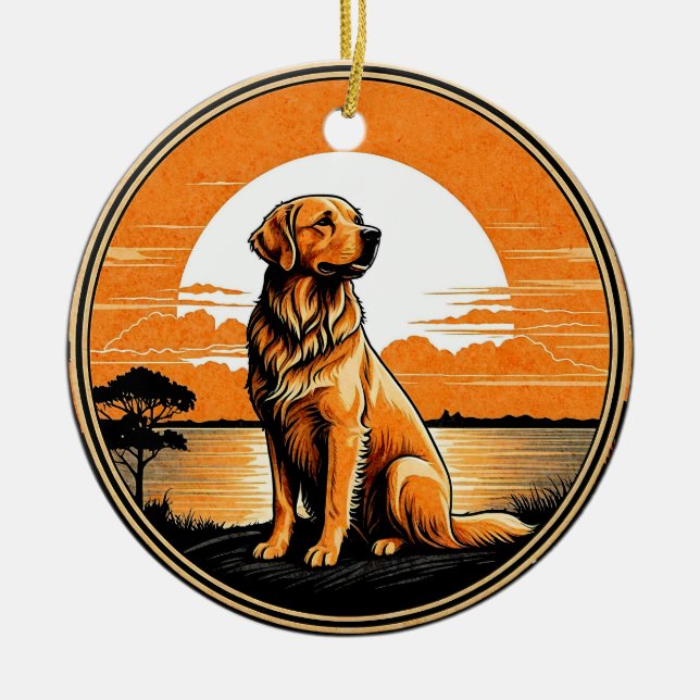 Golden Retriever Retro Sunset Dog Lover Ceramic Ornament (Front)