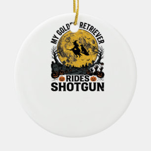 Golden Retriever Rides Shotgun Halloween Witch Art Ceramic Ornament
