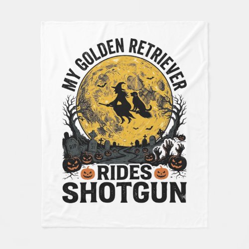 Golden Retriever Rides Shotgun Halloween Witch Art Fleece Blanket