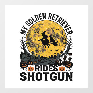 Golden Retriever Rides Shotgun Halloween Witch Art Floor Decals