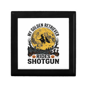 Golden Retriever Rides Shotgun Halloween Witch Art Gift Box
