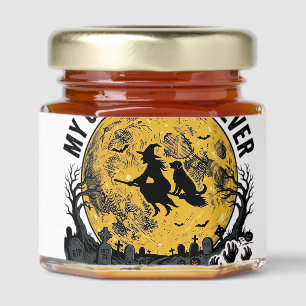 Golden Retriever Rides Shotgun Halloween Witch Art Honey Jar Favors
