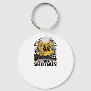 Golden Retriever Rides Shotgun Halloween Witch Art Keychain