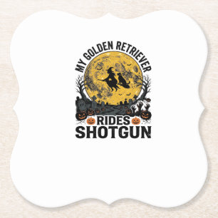 Golden Retriever Rides Shotgun Halloween Witch Art Paper Coaster