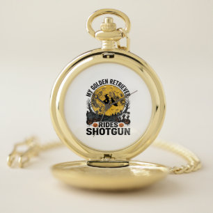 Golden Retriever Rides Shotgun Halloween Witch Art Pocket Watch