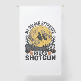 Golden Retriever Rides Shotgun Halloween Witch Art Sheer Curtains