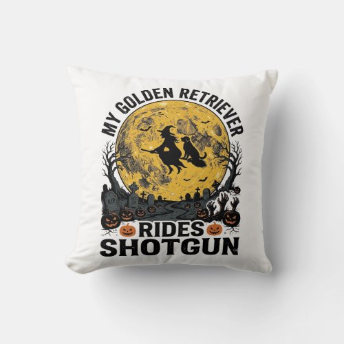 Golden Retriever Rides Shotgun Halloween Witch Art Throw Pillow
