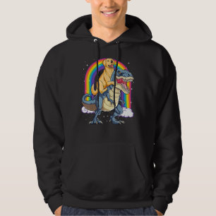 Golden Retriever Riding Dinosaur Rex Boys Rainbow Hoodie