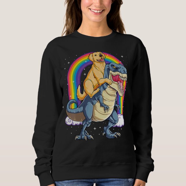Golden Retriever Riding Dinosaur Rex Boys Rainbow Sweatshirt (Front)