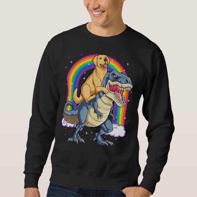 Golden Retriever Riding Dinosaur Rex Boys Rainbow Sweatshirt (Front)