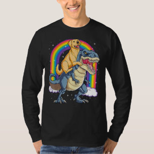 Golden Retriever Riding Dinosaur Rex Boys Rainbow T-Shirt