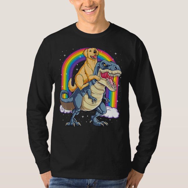 Golden Retriever Riding Dinosaur Rex Boys Rainbow T-Shirt (Front)