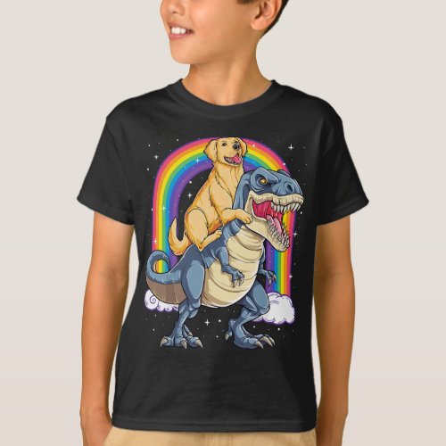 Golden Retriever Riding Dinosaur T rex Gifts Boys  T_Shirt