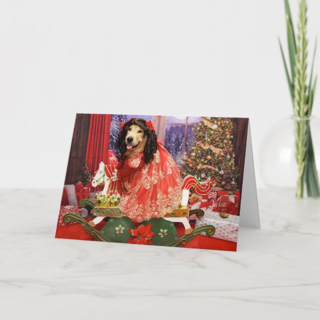 Golden Retriever Rocking Horse Christmas  Holiday Card (Front)