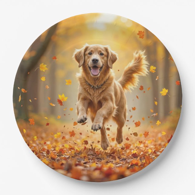 Golden Retriever Running In Autumn Woods Paper Plates (Front)
