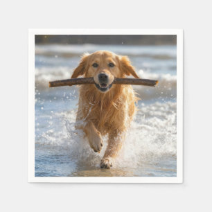 Golden Retriever Running with a Beach Stick Napkins