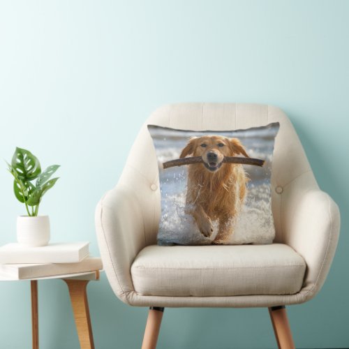 Golden Retriever Running with a Beach Stick Throw Pillow