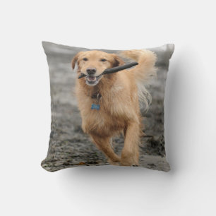 Golden Retriever Running With  Stick In Mouth Throw Pillow